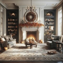 Traditional living room, fireplace, mantle with autumn decor, elegant furniture, bookshelves, chandelier, ornate mirror, wood flooring, area rug, neutral color scheme