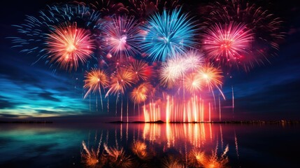 Fototapeta na wymiar Festive fireworks over the sea. Holidays and events.