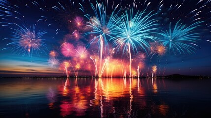 Fototapeta premium Festive fireworks over the sea. Holidays and events.