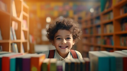 A child shows the books purchased with excitement in a bookstore, eagerly preparing for the new school year and looking forward to meeting new friends, back to school concept, copy space