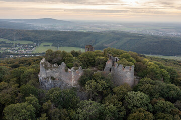 Aerial drone photo of the old Pajstun Castle ruins in autumn, Slovakia