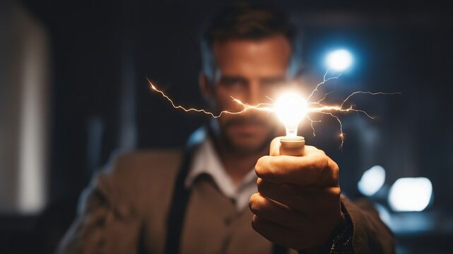 man with electric torch business man holding electricity light bolt in his hands