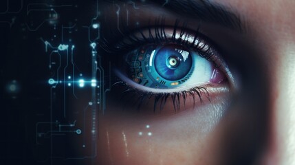 Modern cyber woman with technolgy eye looking. The young woman 's eye is close-up. The concept of the new technology is iris recognition.