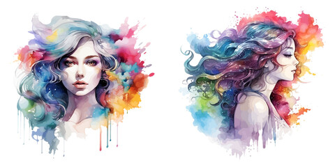 Watercolor cute young girl set, vector illustration, Generative Ai.
