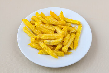 French fries Snack food crispy potato . Fast food or  snacks concept. Patates cips.
