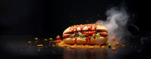 fresh hotdog or sausage sandwich with flying ingredients and spices hot ready to serve and eat food commercial advertisement menu banner with copy space area - obrazy, fototapety, plakaty