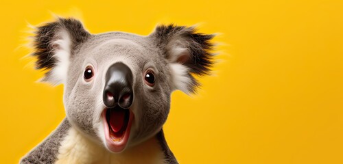 a portrait of a koala with a surprised expression, looking into the camera isolated a yellow background.
