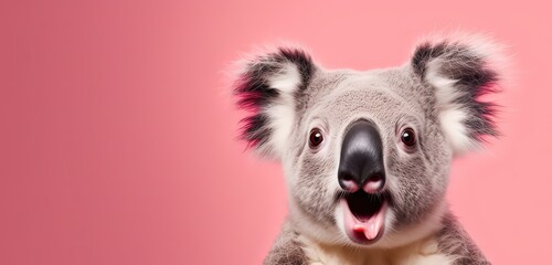 a portrait of a koala with a surprised expression, looking into the camera isolated a pink background.

