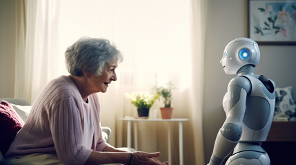 A woman confides his psychological distress to her robotic assistant. Concept of psychological support thanks to AI.