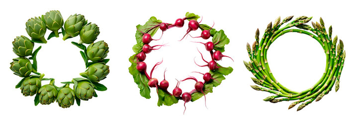 Circle frame made of artichokes, beetroot and asparagus on isolated transparent background