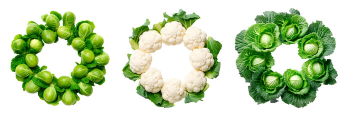 brussels sprouts, cauliflower and cabbage circle frames over isolated transparent background - obrazy, fototapety, plakaty