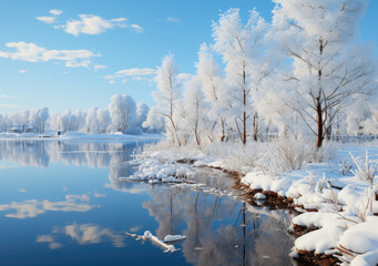 Winter's Embrace: A Lake in a Snowy Landscape