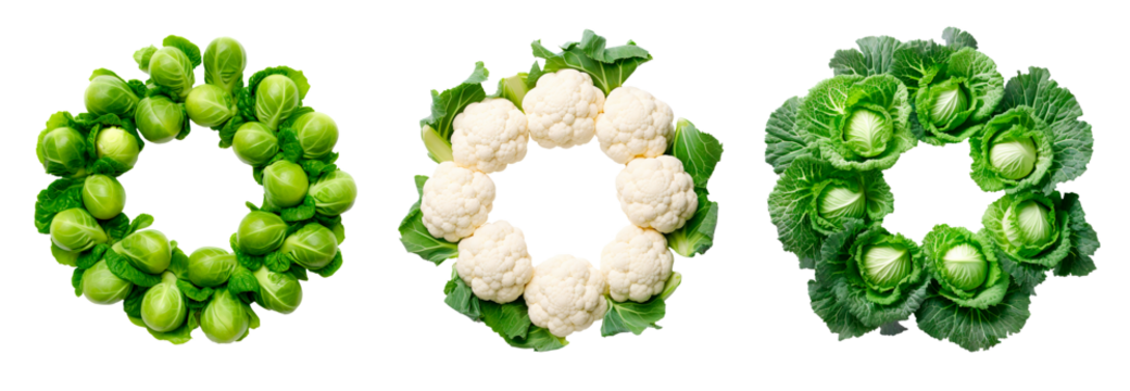 brussels sprouts, cauliflower and cabbage circle frames over isolated transparent background