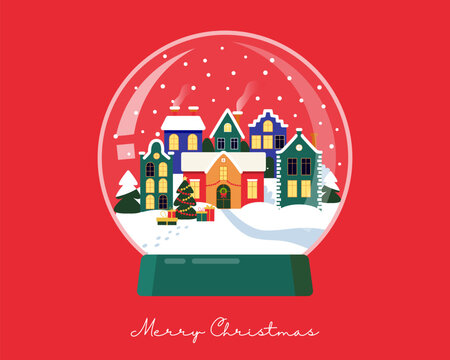 Snow ball with village street with  houses, Christmas trees and  snow  on red background.  Vector design template  for Christmas and Happy New Year