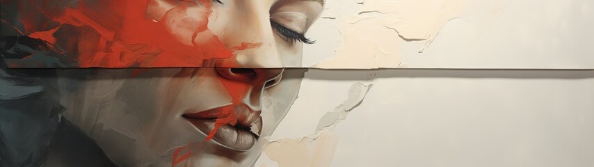 Abstract painting with woman face in the style of oil painting. Panoramic illustration