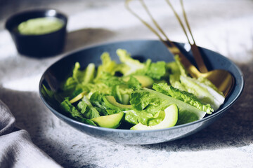 Healthy green salad with fresh vegetables - avocado and lettuce salad leaves on a black plate.
