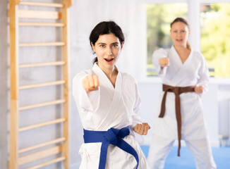 Women in kimono trying new martial moves at karate class © JackF
