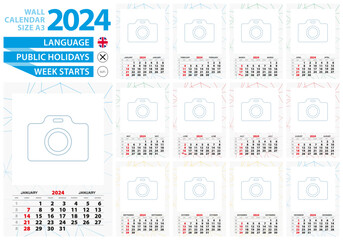 A3 size wall calendar 2024 year with abstract lined background and place for you photo.