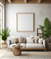 Fototapeta premium 3D render of a mockup frame in the interior of a farmhouse living room,