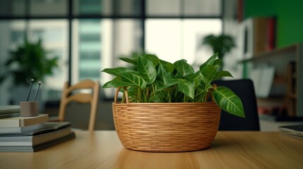 A close up of plant in a pot on the table