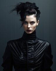A brunette woman with a high hairstyle in black shiny clothes, stylized as vintage dresses. Fashion and beauty.