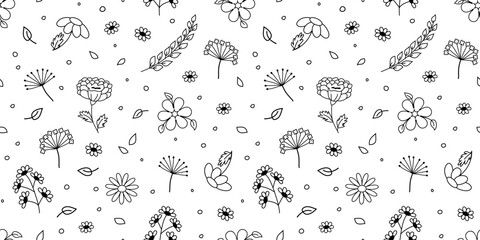 Fototapeta premium Flowers doodle pattern, floral hand drawn line print, plant retro background. Botanical element outline design. Groove repeat vector illustration