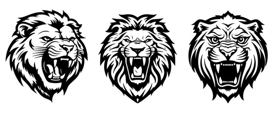 set of Lion head roaring silhouettes 