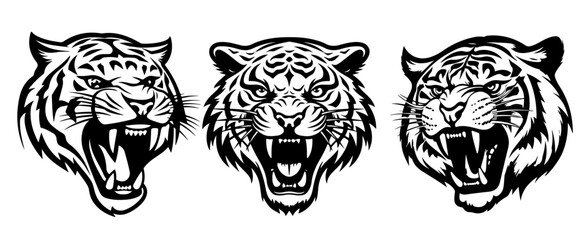 set of Tiger head screaming silhouette 