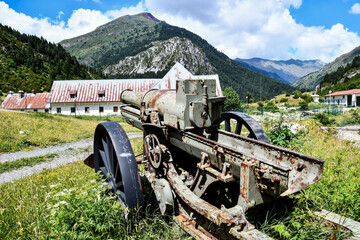 old tractor in field, photo as a background , in the European Border between spain and france in...