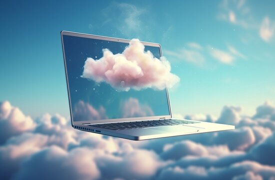 Cloud computing technology concept with laptop, laptop floating above a cloud in the sky