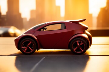 a brand-less generic concept car in the city. Modern red car on the road at sunset