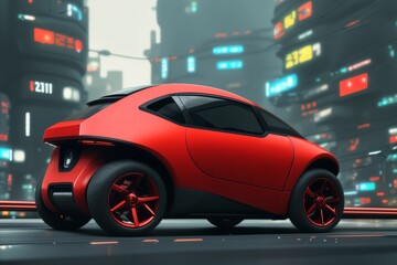 a brand-less generic concept car in the city. Modern red car on the road at sunset  at night
