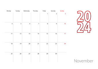 Calendar for November 2024 in modern design, planner template.