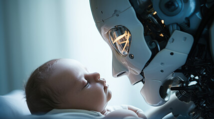 humanoid robot holding human baby extremely closeup, ai future - obrazy, fototapety, plakaty