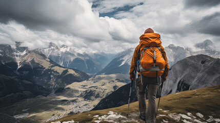 hiker on top of mountain sport outdoor panorama landscape - by generative ai