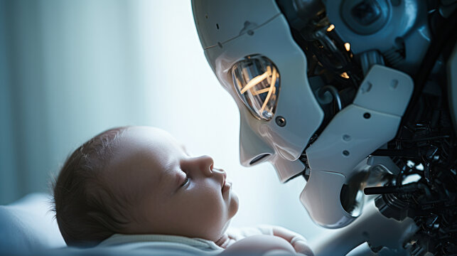 humanoid robot holding human baby extremely closeup, ai future