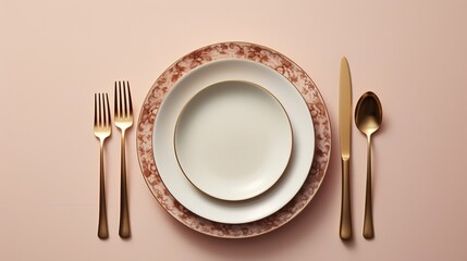Dining table Place setting with plate and cutlery,  a fine dining table setting with elegant cutlery and crockery 