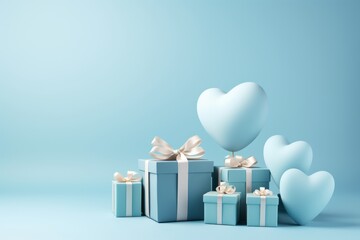 Heart shaped balloons with gift boxes flying on light blue background for fathers day celebration
