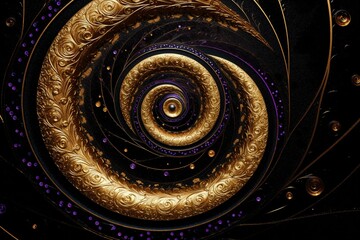 a spiral design in gold and purple colors on a black background framed by a white border along the edges and a black and gold border. Generative AI