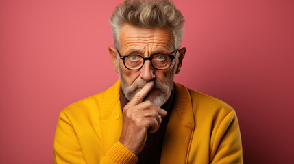 Portrait of an old stylish man in a yellow jacket, eyeglasses on a pink background think. Hold finger at mouth.