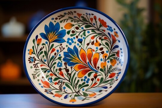 Hand-painted ceramic plate with detailed motifs and vibrant colors - artisanal pottery, decorative elegance ceramic plate, colorful artwork of dining plate