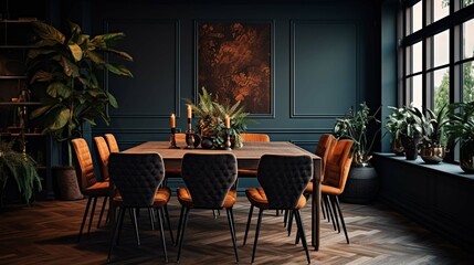 a dining room with dark colors photography ::10 , 8k, 8k render
