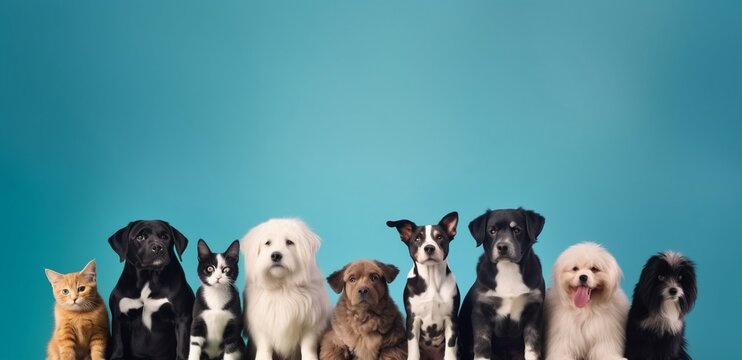 Group of heartwarming dogs with cats in studio, shelter full of cute adoptable pets
