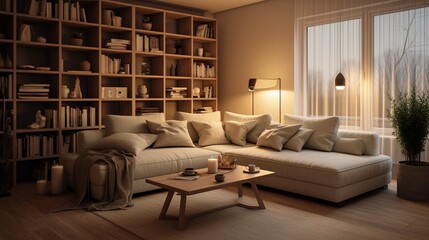 furniture beige with wooden shelving unit and lamp in living room photography ::10 , 8k, 8k render