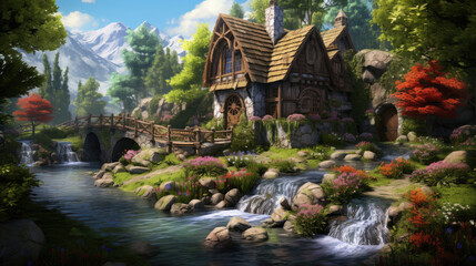 rpg cottage building isolated forest house by the river mill - by generative ai - obrazy, fototapety, plakaty