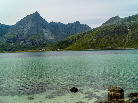 lake in the mountains , image taken in Lofoten islands, norway , scandinavia, , europe , image taken in Lofoten Islands, Norway, Scandinavia, North Europe
