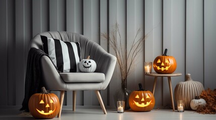 
Interior design cozy corner Halloween theme. Pumpkin, jack, jack-o-lantern, minimalist famous style. Black, white, cream, grey, orange original spooky colors. photography ::10 , 8k