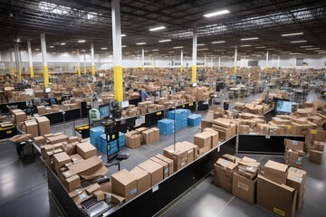 Automated warehouse fulfillment center with continuous flow of packages on conveyor belt - obrazy, fototapety, plakaty