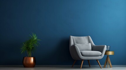 Fototapeta na wymiar Living room with blue wall mock up chair and decor photography. generative ai 