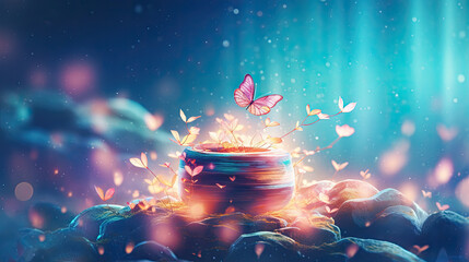 fairy tale blooming girly background nature enchanted butterfly - by generative ai